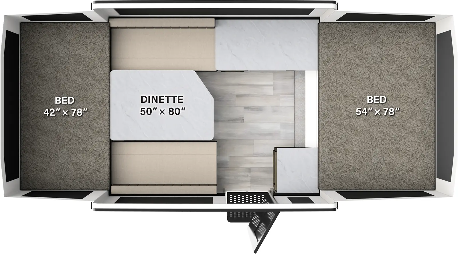 The F16OTG has zero slideouts and one entry. Interior layout front to back: front 54x78 inch bed, off-door side counter, door side counter and entry, and rear dinette and 42x78 inch bed.